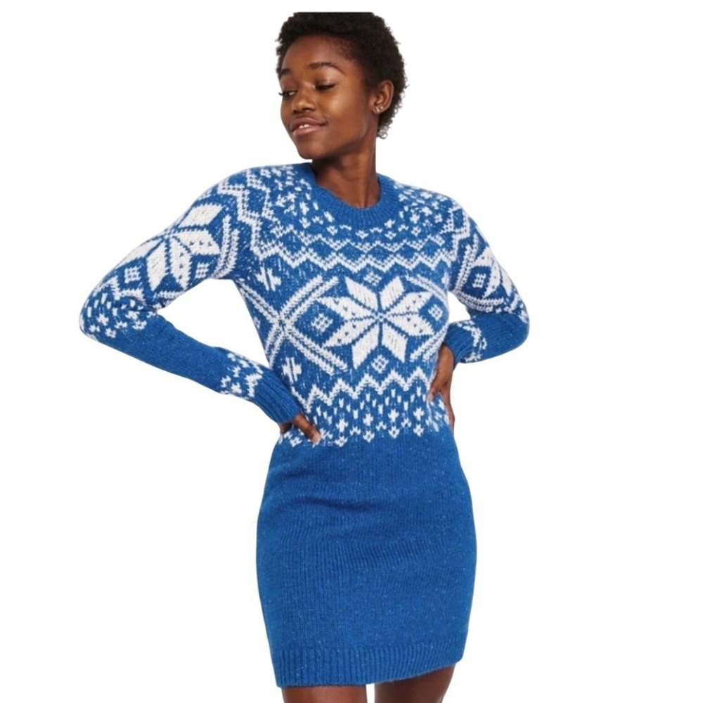 Abercrombie Fitch Sweater Dress Small Blue Fair Isle Snowflake Knit Preppy Ski